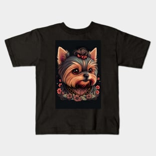 Super Cute Yorkshire Terrier Puppy Portrait - Japanese style Kids T-Shirt